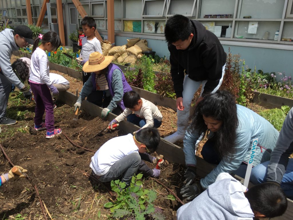 Volunteers from Salesforce helping San Miguel students in OMI/ Excelsior Living Library & Think Park