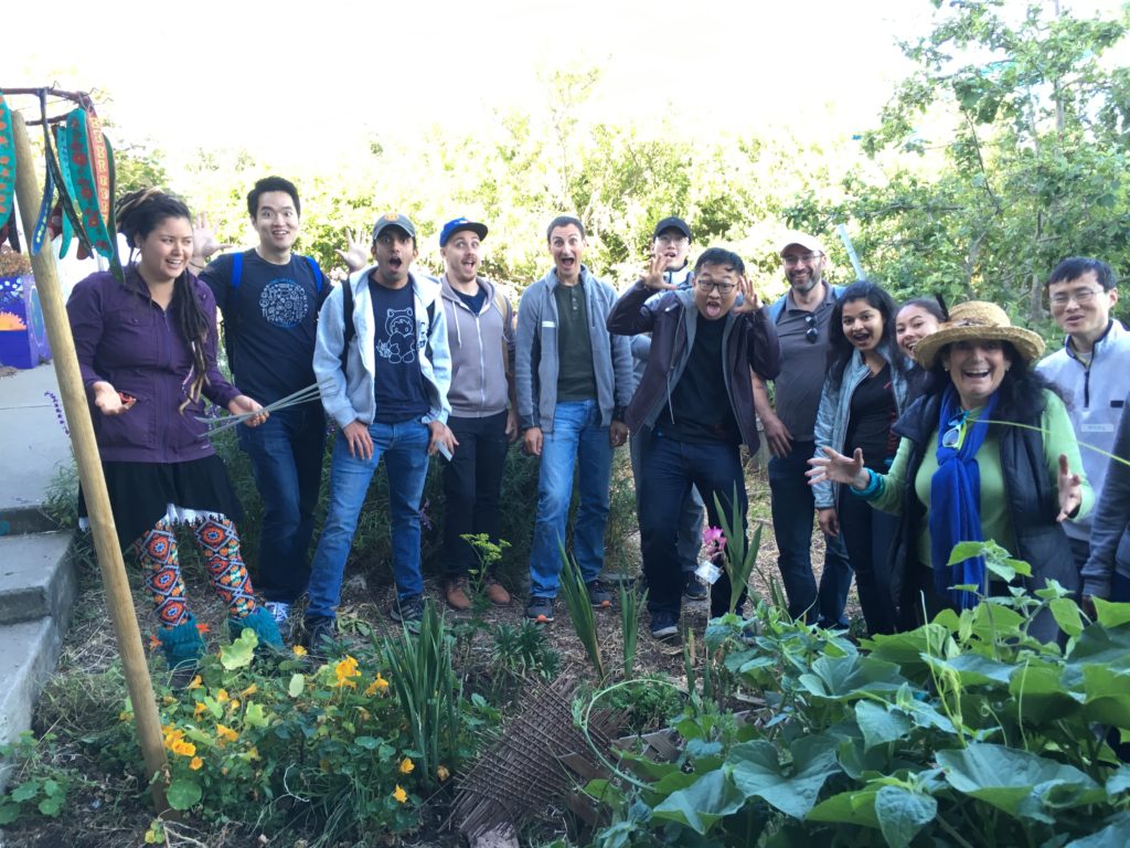 Bonnie Ora Sherk with volunteers from Salesforce in OMI/ Excelsior Living Library & Think Park