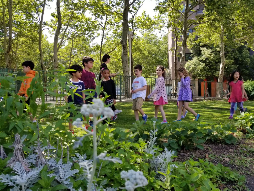 Roosevelt Island children observing the lush plantings in RI Living Library & Think Park Gardens